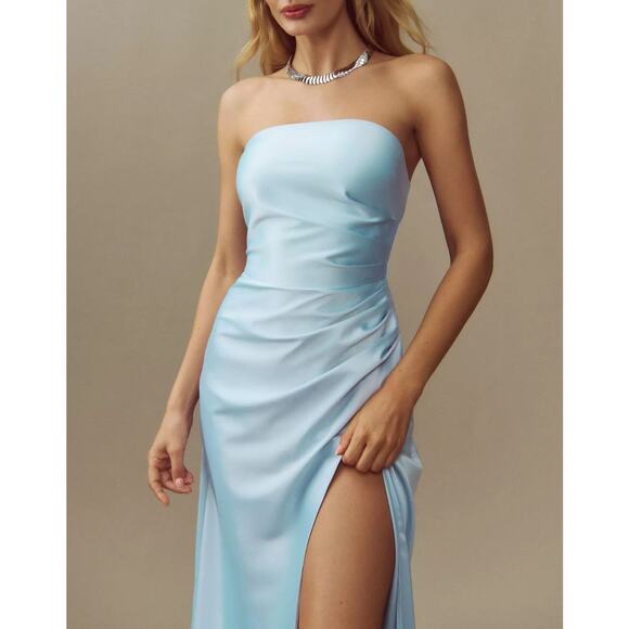 NWT BHLDN Anthropologie Danielle Strapless Satin Maxi Dress Small Side Slit Gown - Picture 3 of 10
